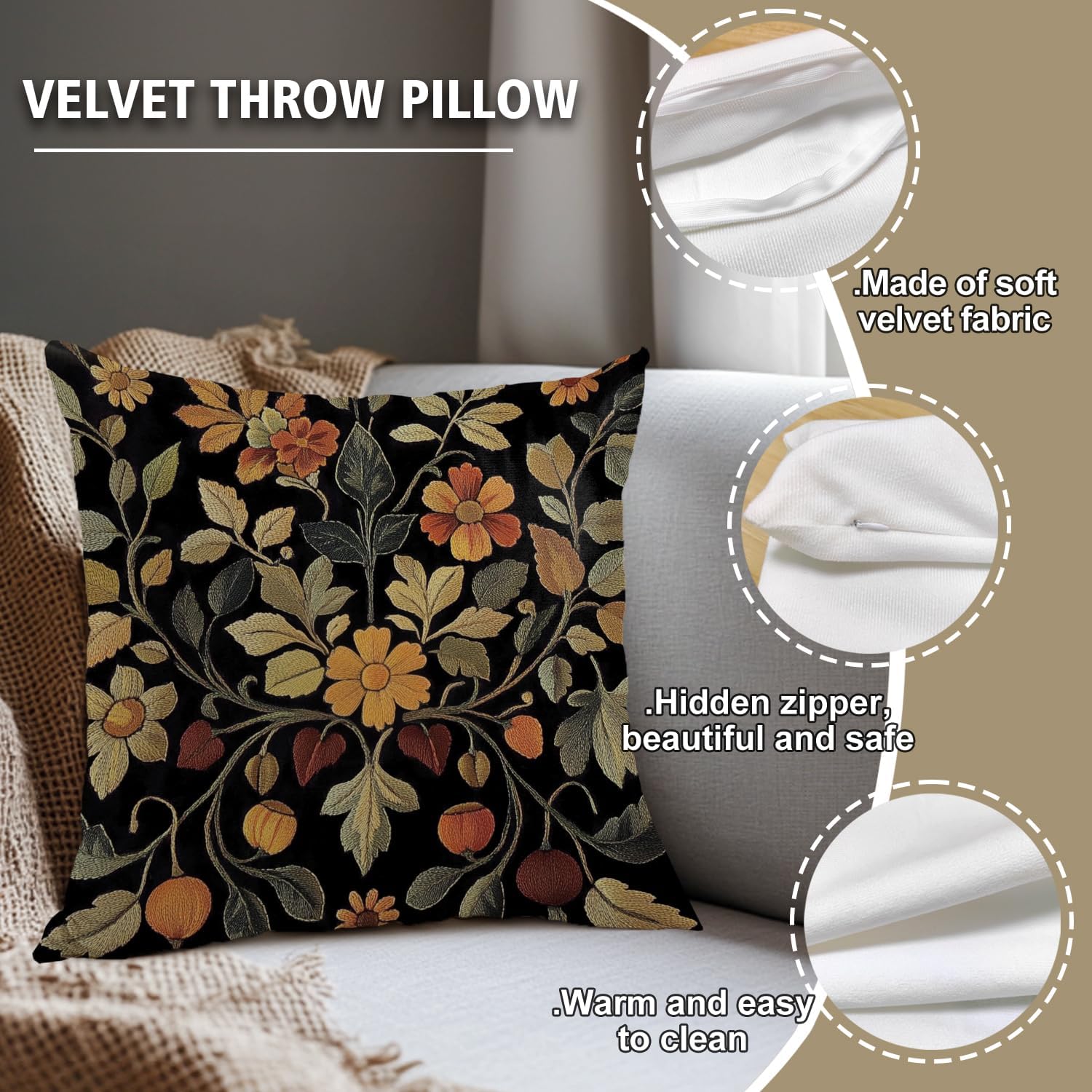 William Morris Abstract Vintage Print Floral Velvet Design Throw Pillow Covers Home Decor, Retro Art Decor Pillowcase Cushion Cover for Bed Sofa Living Room, Square 18x18inch (Black-Floral2)