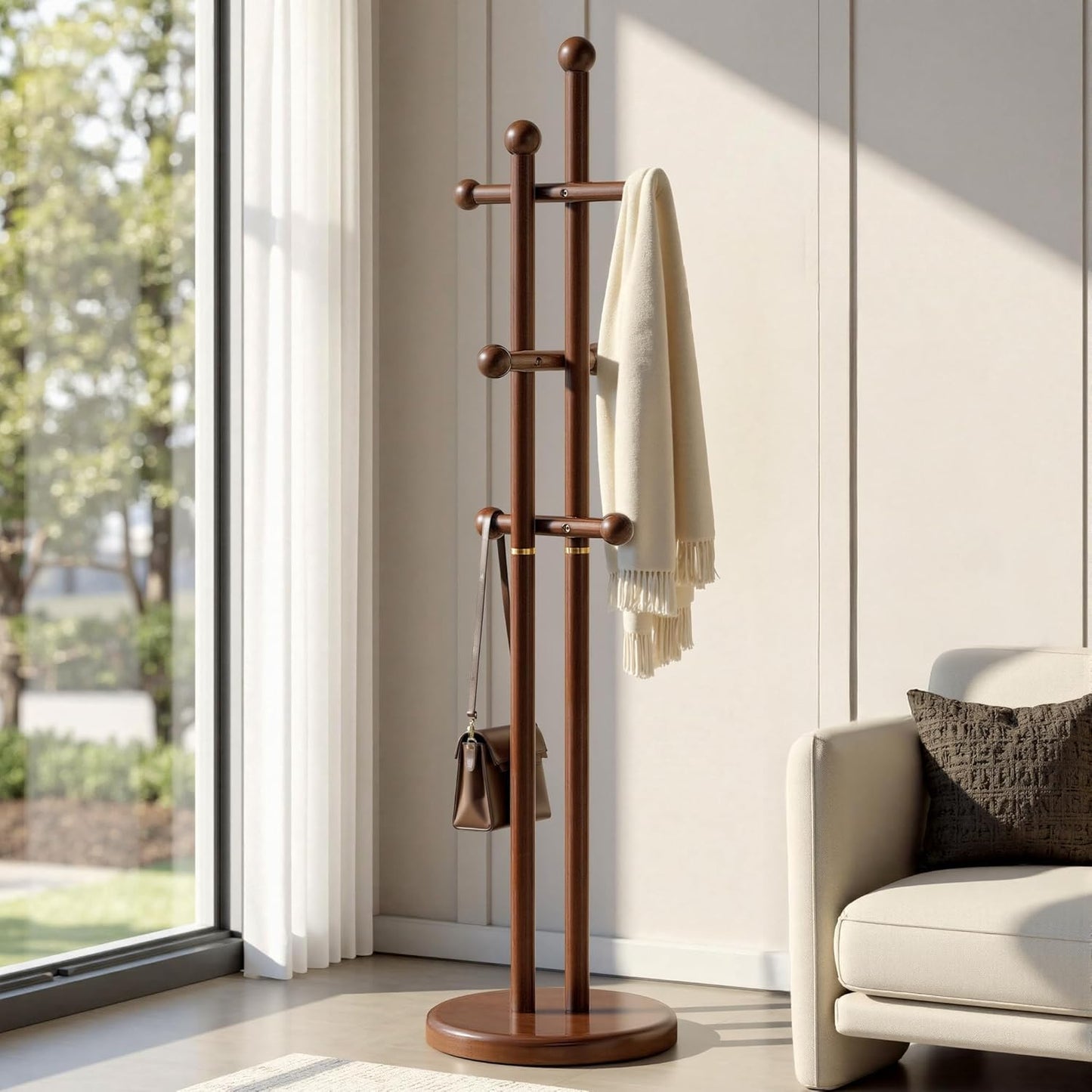 Coat Rack Freestanding, Wooden Coat Tree with 2 Main Rods, Heavy Duty Coat Hanger Stand with 15.75" Dia.Round Base, Walnut Standing Hall Tree for Bedroom Living Room, Clothes Jacket Bag Hat