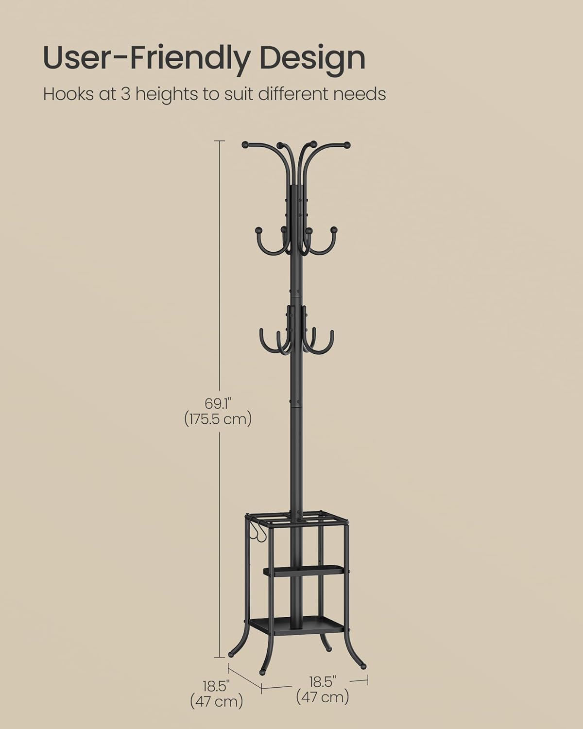 Coat Rack Freestanding with Umbrella Holder, Metal Coat Rack Stand with 12 Hooks, for Entryway, Hallway, Living Room, Bedroom, Ink Black URCR082BH02S