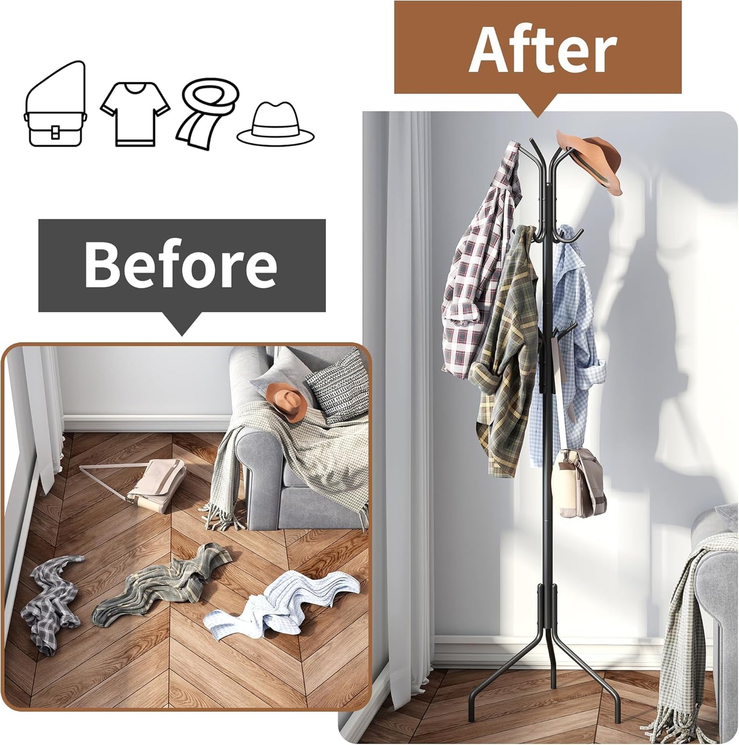 Coat Rack Freestanding Coat Tree Standing Coat and Hat Hanger Jacket Organizer Rack Metal,18.3" L x 18.3" W x 71.5" H, Black