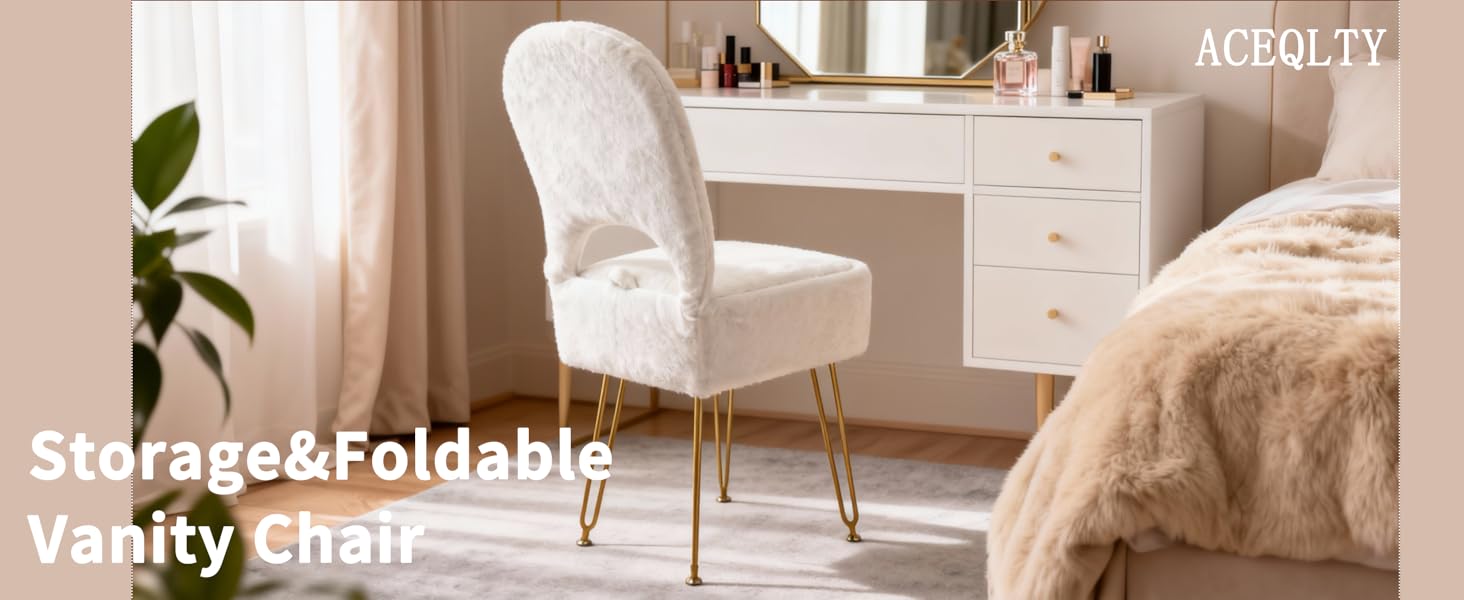 New Upgrade Small Vanity Chair with Storage and Folding Back, White Vanity Stool wiht Ergonomic Backrest and Metal Legs, Furry Padded Ottoman for Makeup Room, Bedroom