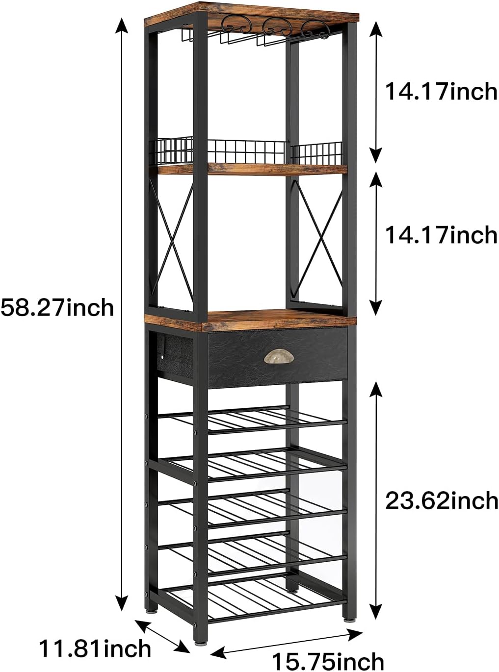 Homeiju Wine Rack Freestanding Floor, Bar Cabinet for Liquor and Glasses, 4-Tier bar Cabinet with Tabletop, Glass Holder, Storage Drawer and Wine Storage for Living Room (Patent No.D29872845)