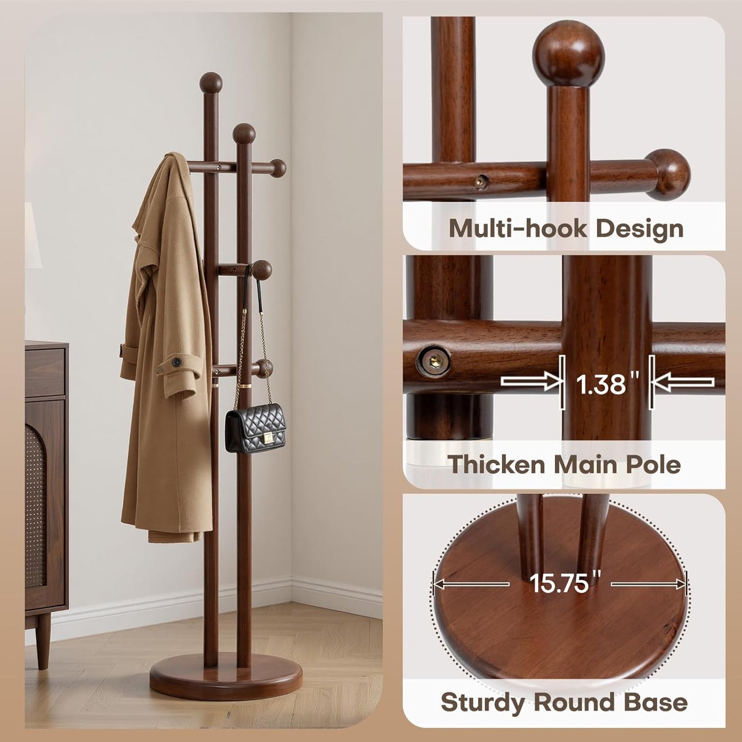 Coat Rack Freestanding, Wooden Coat Tree with 2 Main Rods, Heavy Duty Coat Hanger Stand with 15.75" Dia.Round Base, Walnut Standing Hall Tree for Bedroom Living Room, Clothes Jacket Bag Hat