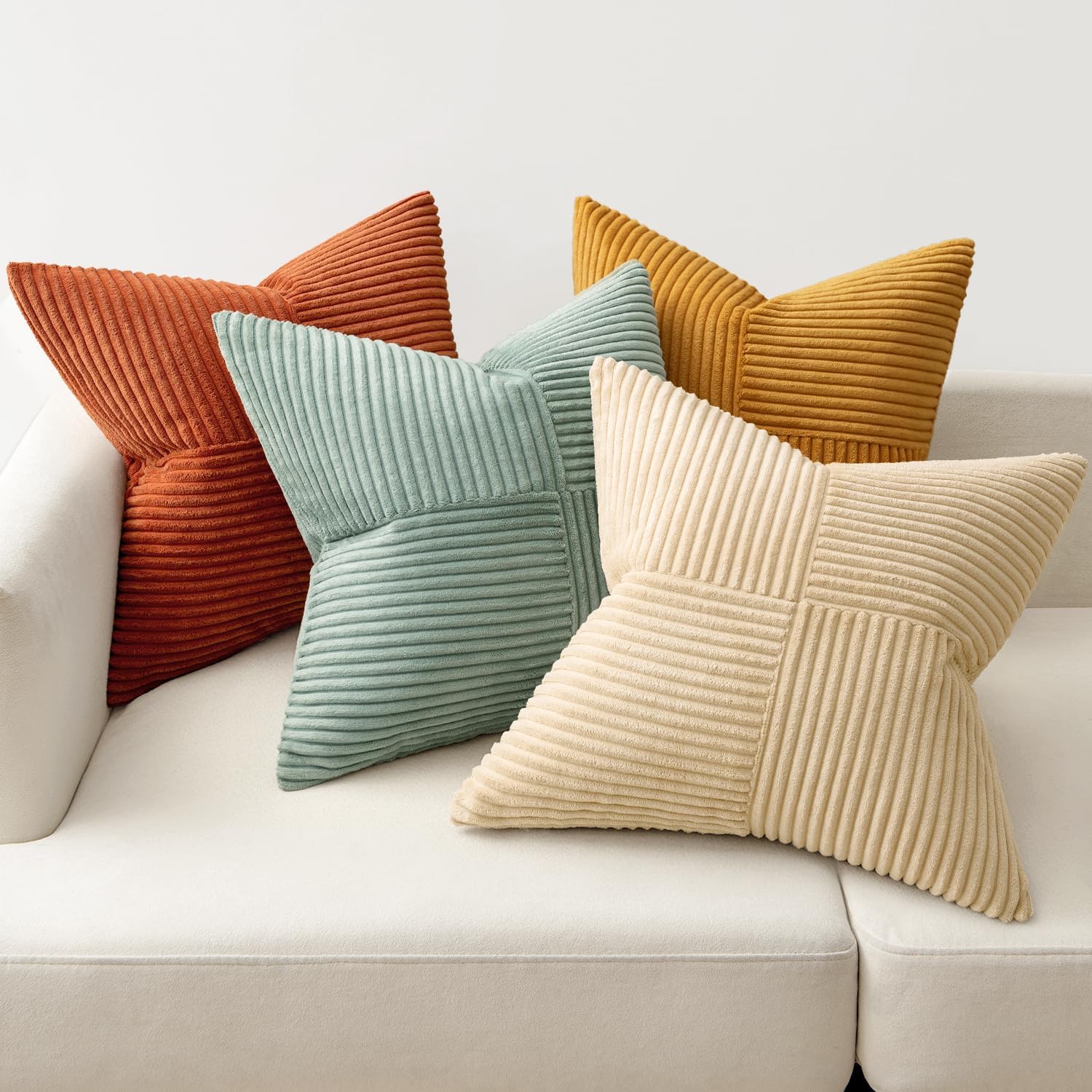 Teal Orange Decorative Throw Pillow Covers 18x18 Inch Set of 4 Boho Corduroy Striped Cushion Cases Modern Farmhouse Patchwork Pillow Cases for Couch Sofa Bedroom Home Decor