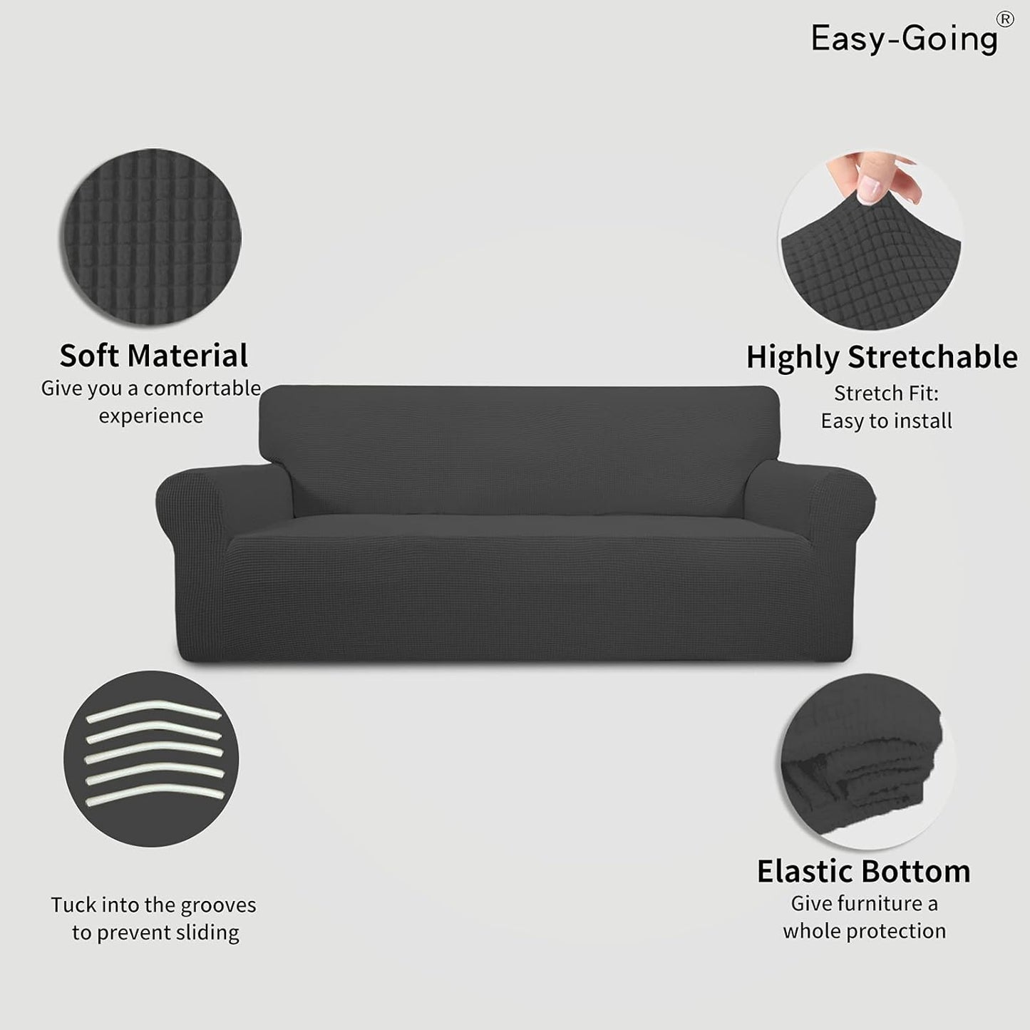 Stretch Sofa Slipcover 1-Piece Sofa Cover Furniture Protector Couch Soft with Elastic Bottom for Kids, Polyester Spandex Jacquard Fabric Small Checks (Sofa, Dark Gray)