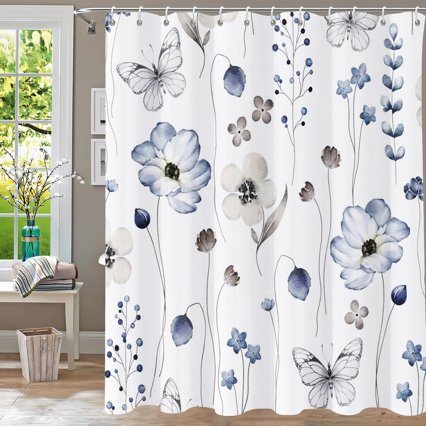 Shower Curtain Blue Eucalyptus Shower Curtains for Bathroom, Watercolor Leaf Shower Curtain Sets Waterproof Plant Shower Curtain Leaves Fabric Cloth Bathroom Curtains 72x72 inch with Hooks
