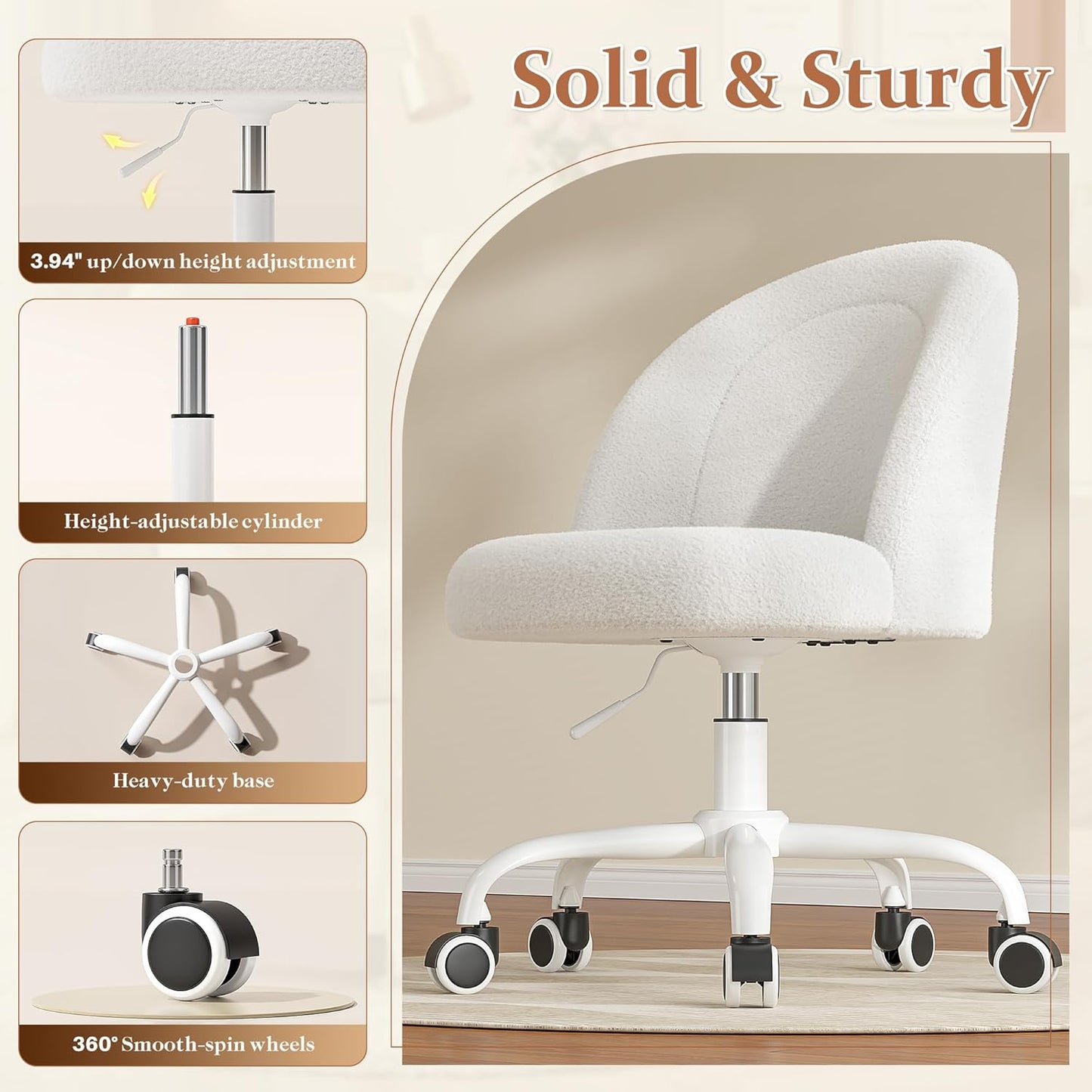 Vanity Chair, Small Desk Chair with Back, Height Adjustable & 360° Swivel, Stylish Armless Comfy Vanity Office Chair for Small Space, Bedroom