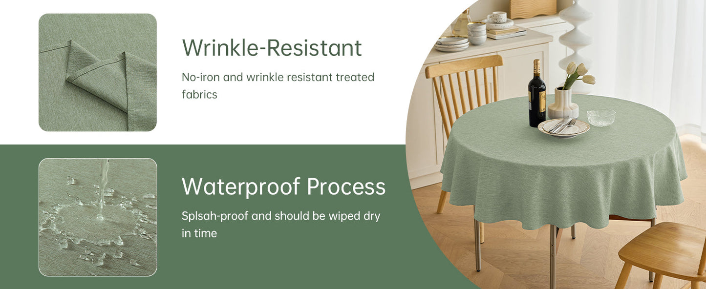 Decorelia Faux Linen Round Tablecloths 60 inch, Waterproof Decorative Washable Texture Rustic Circle Table Cloth Cover for Dining Kitchen Party Farmhouse Outdoor(Round (2-4 Seats),Sage Green)